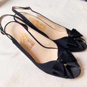Salvatore Ferragamo Black Peep-Toe Slingback Heels with Bow